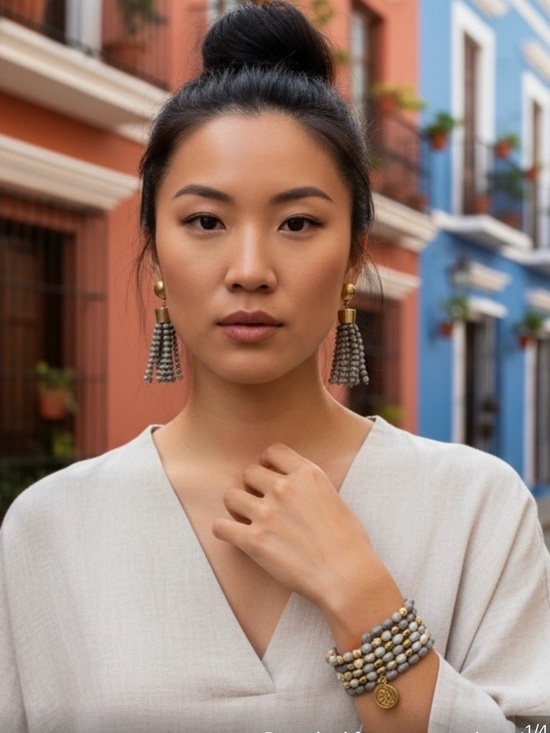 Plunder Jewelry - Plunder Gold-Accented Gray Beaded Tassel Earrings plus the bracelet